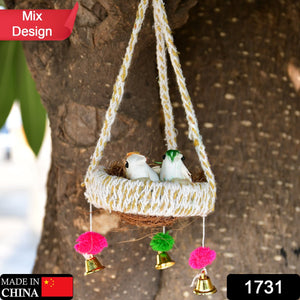 Close-up of jute hanging birds nest with detailed design