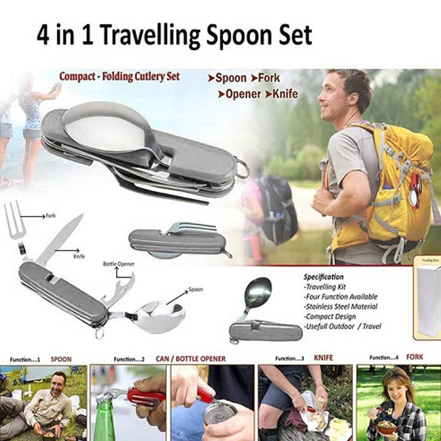 Multi-functional folding cutlery set in stainless steel, ideal for camping and travel