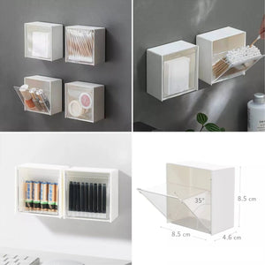 Wall-mounted flip storage case, adhesive, small object holder