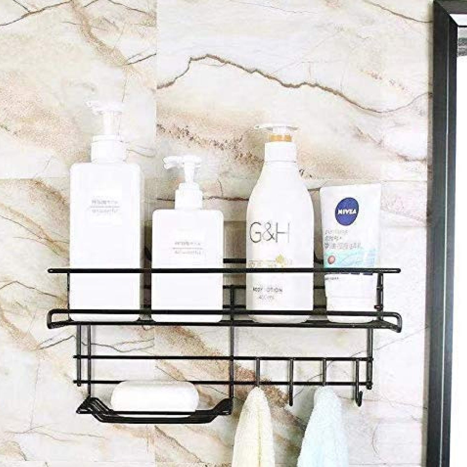 Bathroom shelf rack for organized storage and easy access.