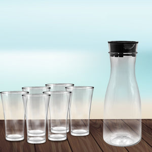 Transparent jug and 6 glasses set for dining tables, offices, or restaurants.