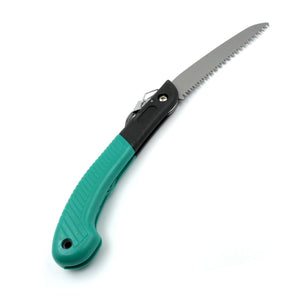 Folding pruning saw, designed for cutting wood, bone, and PVC, useful for gardening and hunting.