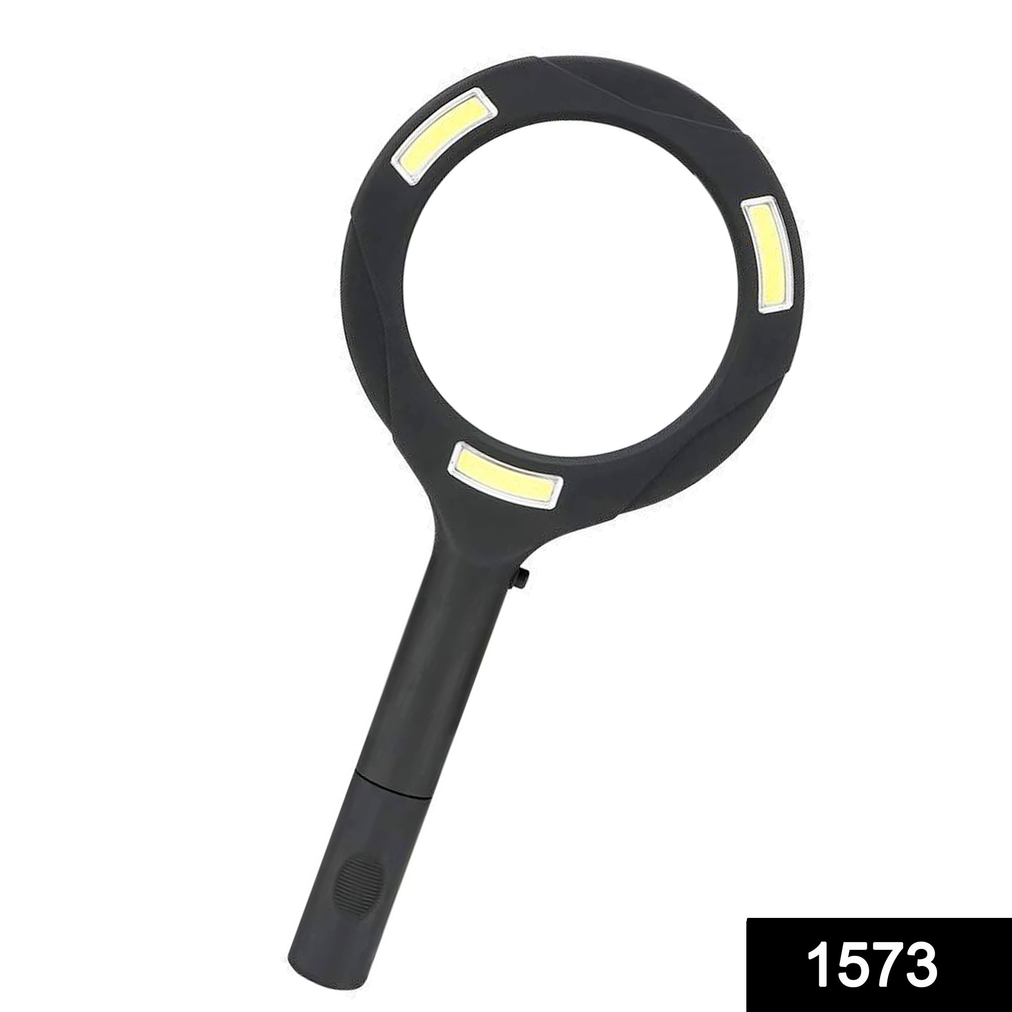 Magnifying glass with SKU code and LED lights.