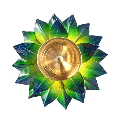 Iron and Brass Kamal Ptta green color Akhand diya size 6 inch