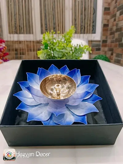 Iron And Brass Kamal Ptta Blue Akhand Diya With Fancy Gift Box - 6 Inches