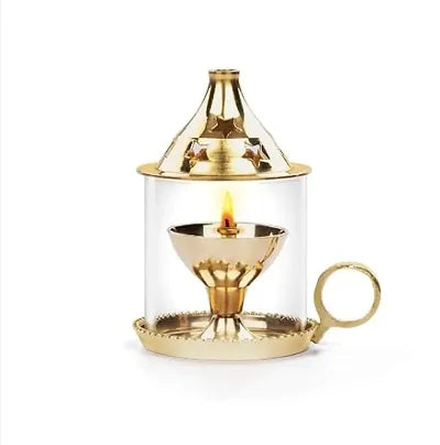 6 Inches Brass Akhand Diya Medium Size Akhand Jyot Diya with Borosilicate Glass Cover Brass Diya for Puja with Handle