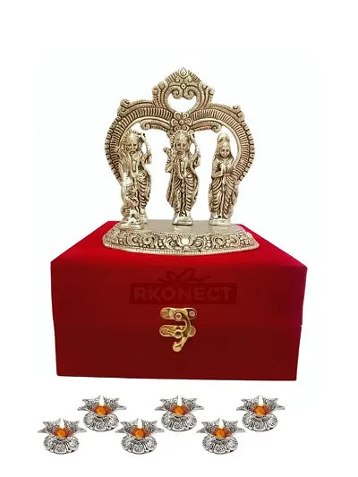 Silver Metal Ram Darbar Idol Murti || Ram, Lakshmana, Sita and Hanuman Ji Set || With Red Velvet Gift Box And 6 Piece Jyot Diya || Size:- 17H x 10W x 15L ||