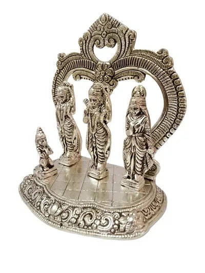 Silver Metal Ram Darbar Idol Murti || Ram, Lakshmana, Sita and Hanuman Ji Set || With Red Velvet Gift Box And 6 Piece Jyot Diya || Size:- 17H x 10W x 15L ||