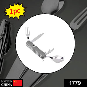 Compact folding cutlery set with knife, fork, spoon, and bottle opener, ideal for camping