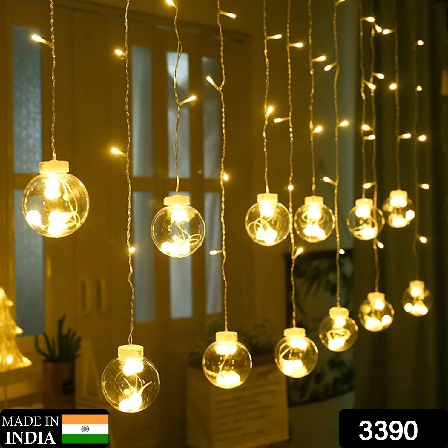 Plastic curtain lights with warm white wish balls