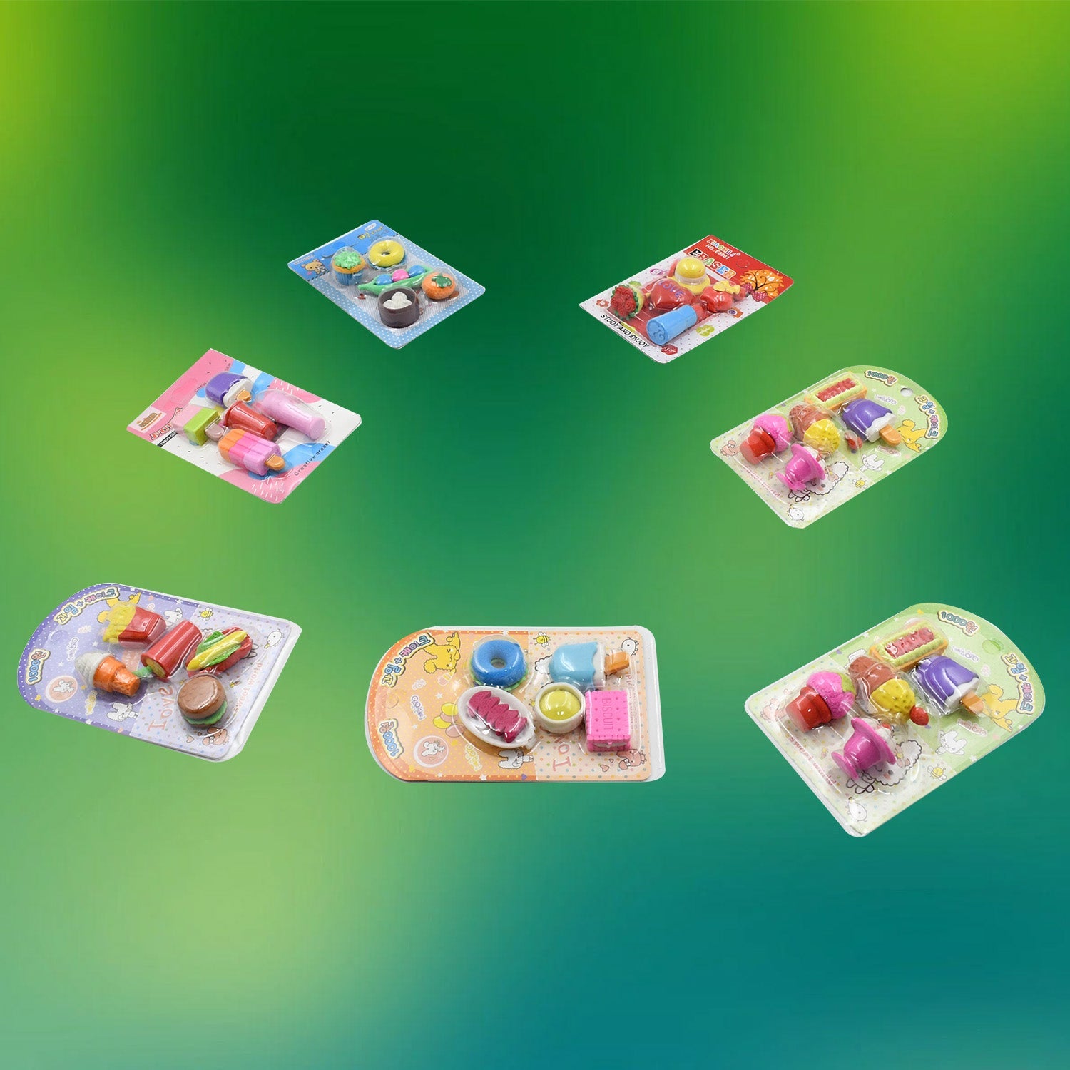 Fancy erasers set for kids, different designs and colors.