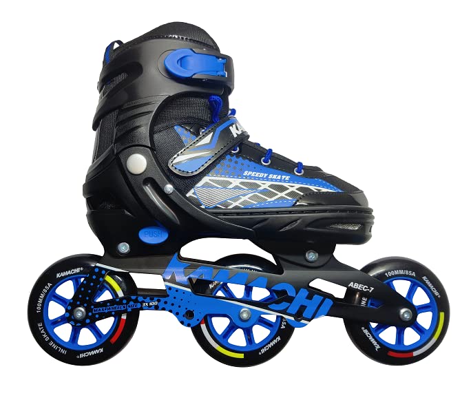 Unisex Kamachi K-100 Adjustable Aluminium Alloy 100Mm Pu 3 Wheels, Abec-7 Bearings In-Line Speed Wheel Speed Skates - Size 39-43 Euro(6-10 Uk) (Blue, Black)