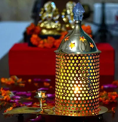 Brass Gallery Akhand Diya Glass with Agarbatti Stand (Pan Jali Akhand Diya)