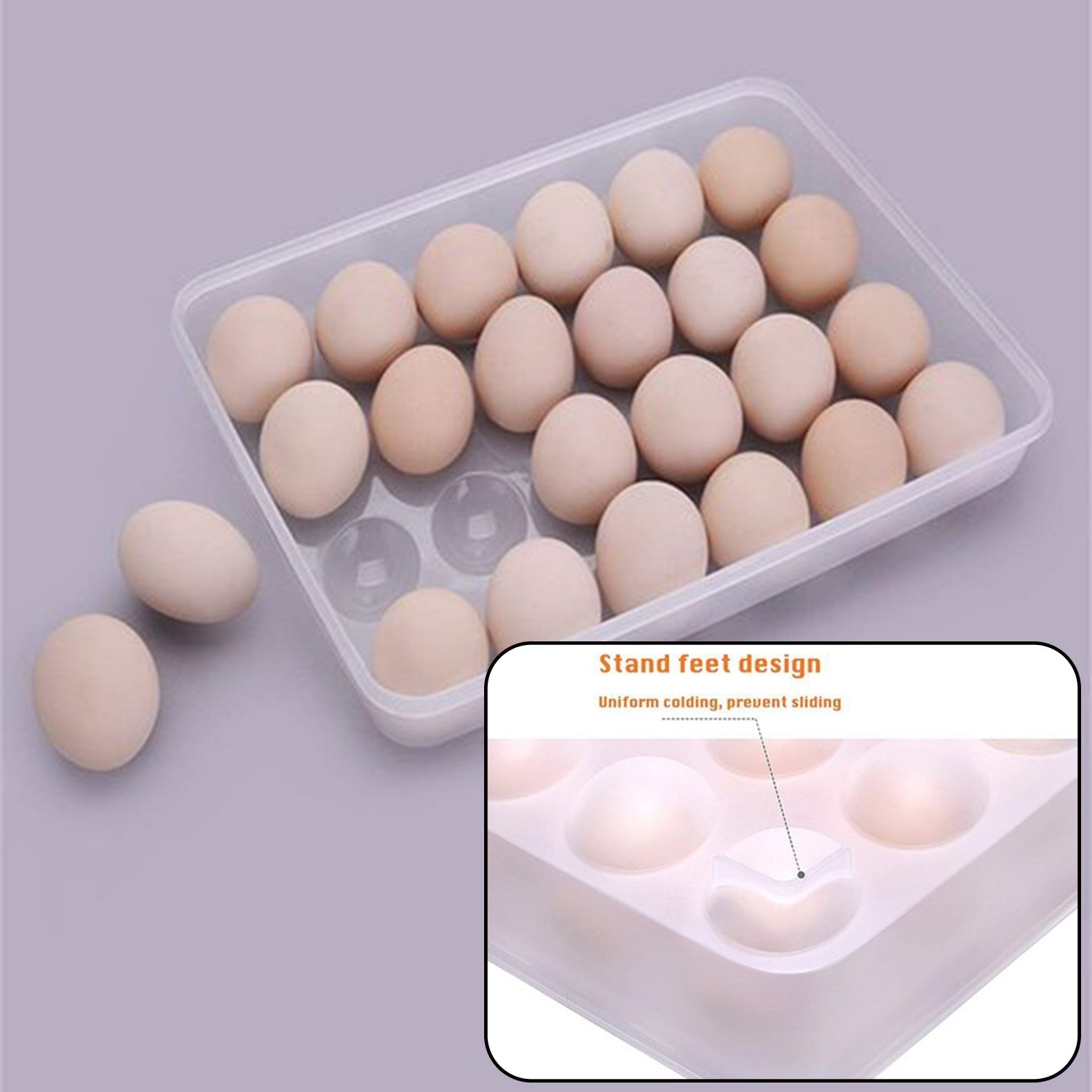 Plastic egg container with 24 sections and a lid, perfect for organizing 2 dozen eggs in the fridge