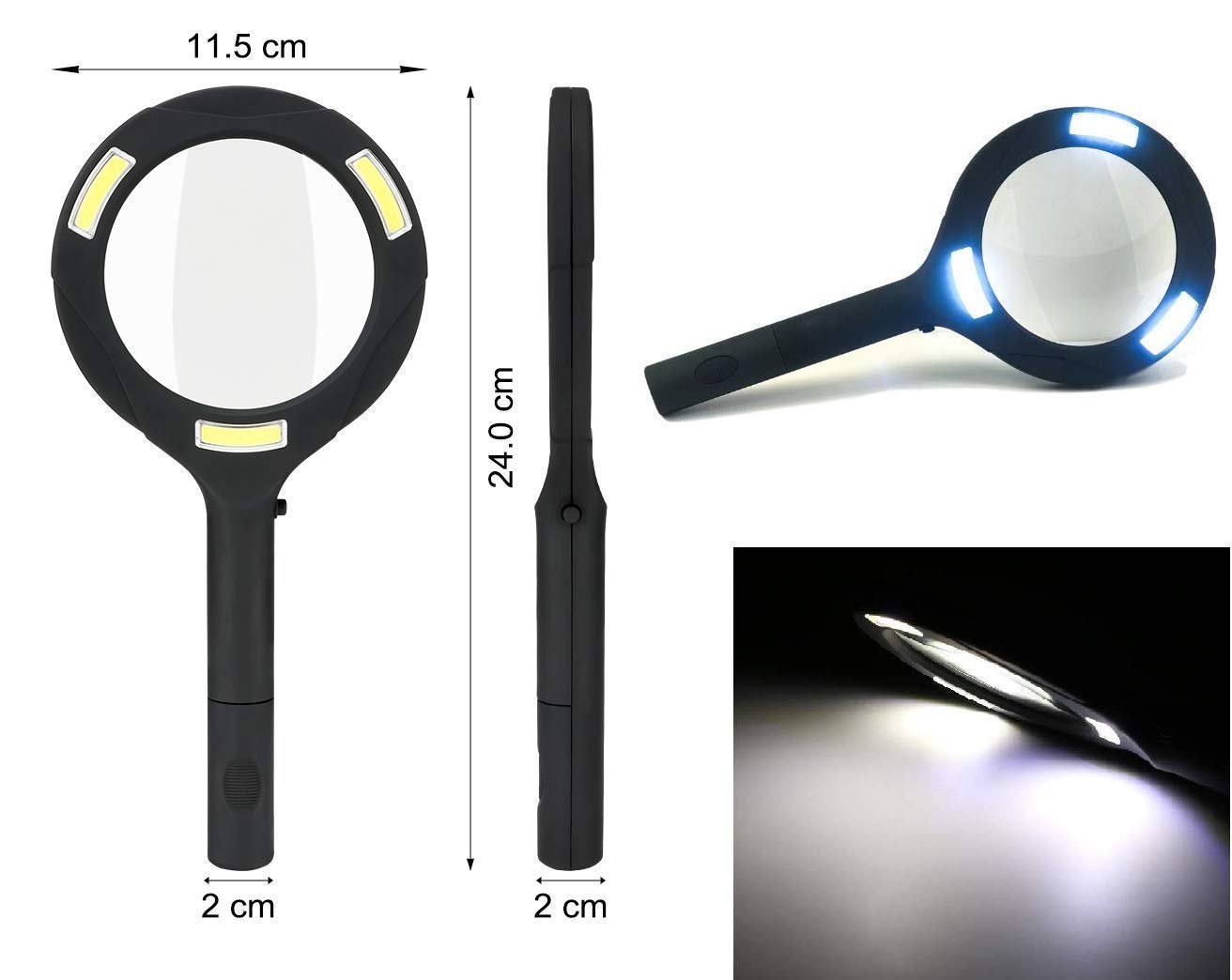 Magnifying glass with LED lighting and ergonomic handle.