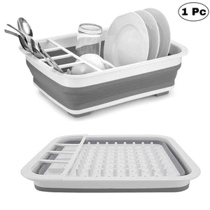 Collapsible silicone dish drying rack with utensil holder.