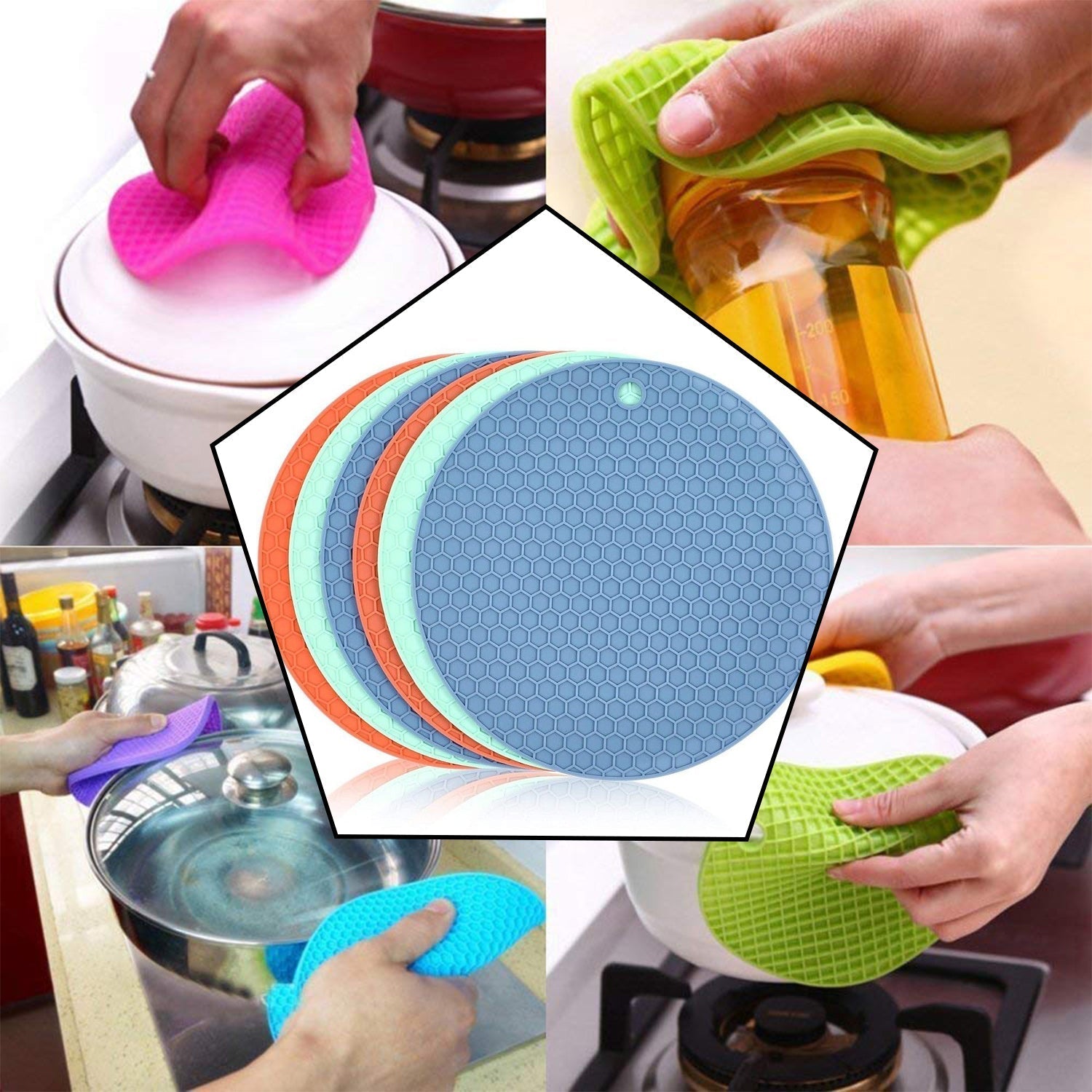 Silicone hot mat with a vibrant color and heat-resistant properties for kitchen use.