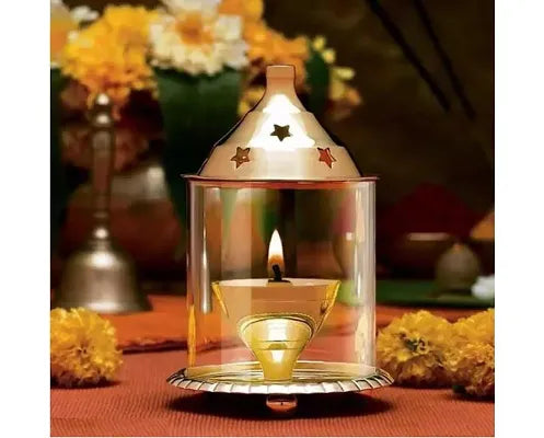 5 Inches Brass Akhand Diya - Akhand Jyot Tea Light Holder Lantern Glass Cover Diya For Home,Office And Temple Traditional Gifting Item - Golden