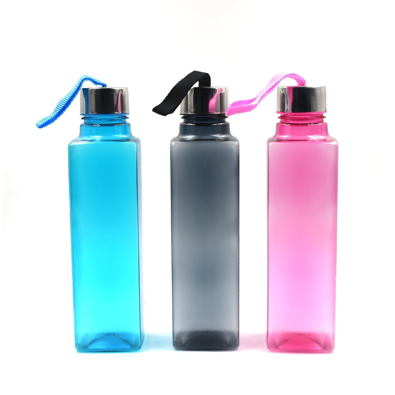 Group of three square bottles, ideal for organizing and storing liquids.