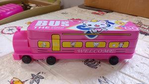 Bus-shaped pencil case with movable wheels, double decker.