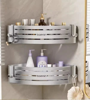 Wall Mounted Bathroom Shelves Shower Corner Shelf with Towel Bar Hook Space Aluminum Shampoo Holder Kitchen Organizer Rack