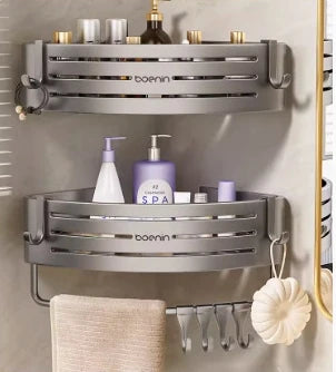 Wall Mounted Bathroom Shelves Shower Corner Shelf with Towel Bar Hook Space Aluminum Shampoo Holder Kitchen Organizer Rack