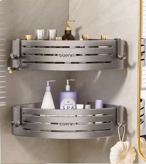 Wall Mounted Bathroom Shelves Shower Corner Shelf with Towel Bar Hook Space Aluminum Shampoo Holder Kitchen Organizer Rack