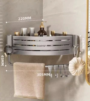 Wall Mounted Bathroom Shelves Shower Corner Shelf with Towel Bar Hook Space Aluminum Shampoo Holder Kitchen Organizer Rack