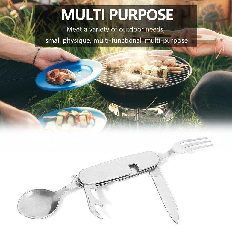 Folding multi-tool cutlery set in stainless steel, designed for travel and camping