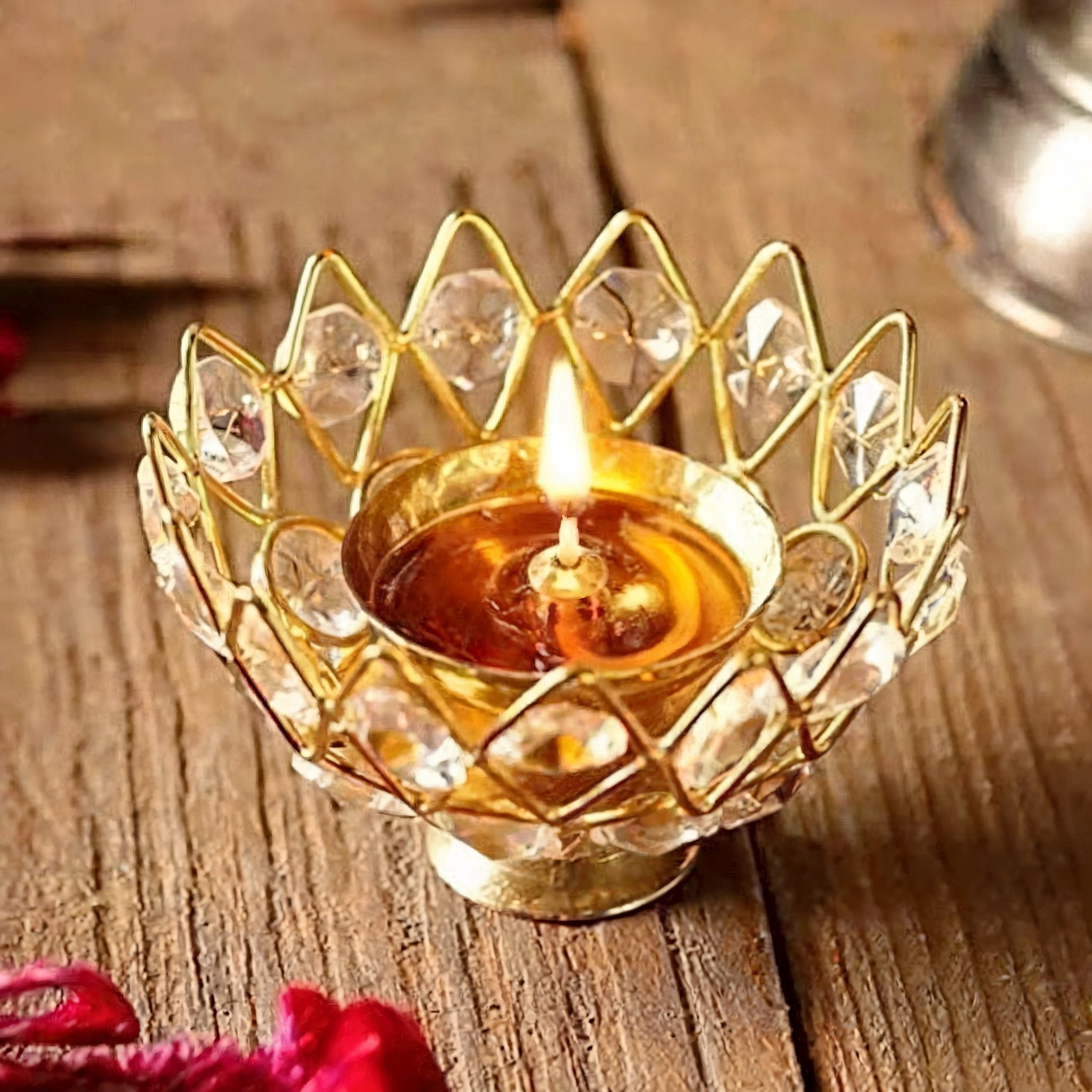 Bowl Shape Akhand Diya Decorative Brass Crystal Diamonds Gold Plated Oil Lamp Tea Light Holder Lantern Oval Shape Diya for Puja Room Diya for Diwali (Small)