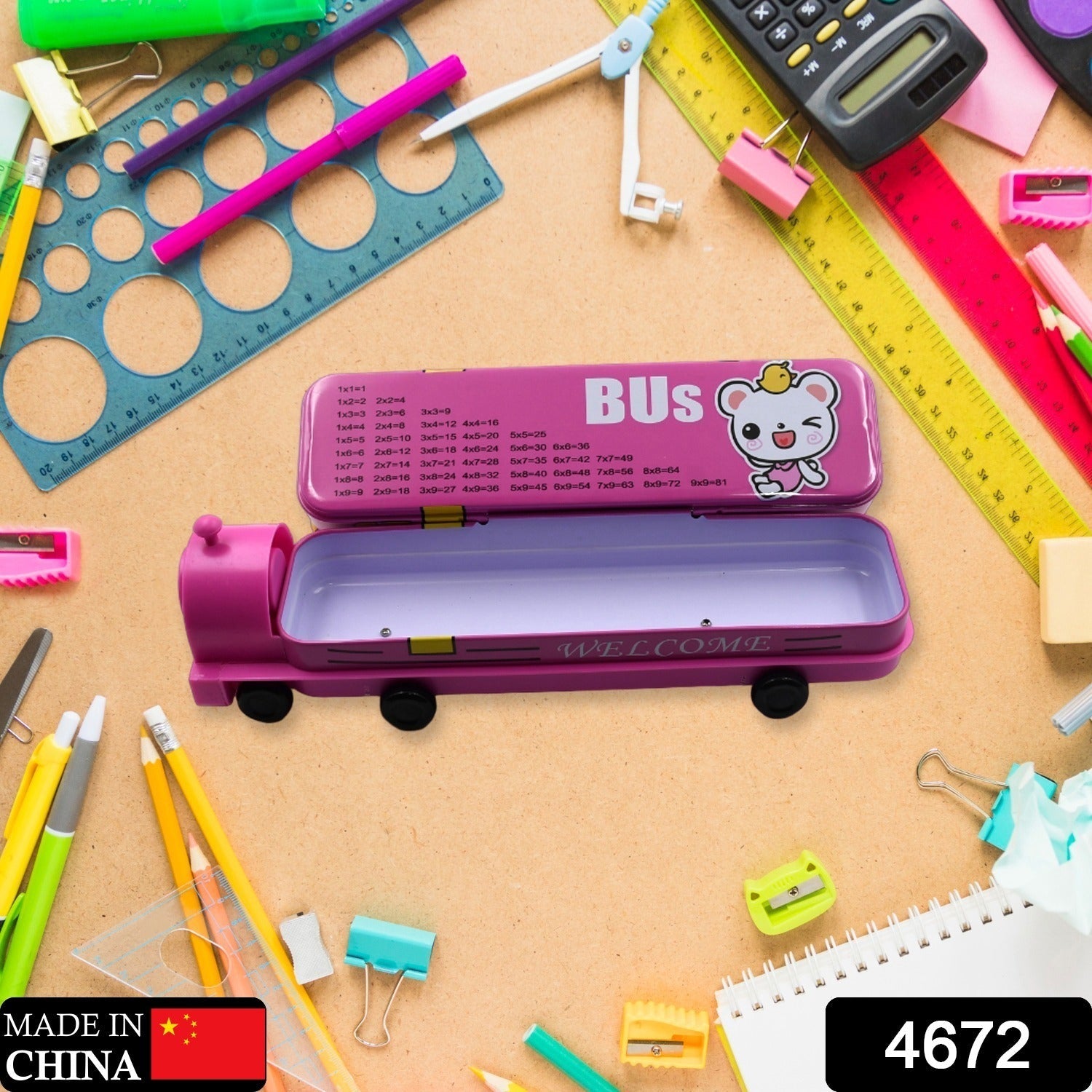 Metal bus compass pencil case with movable wheels.