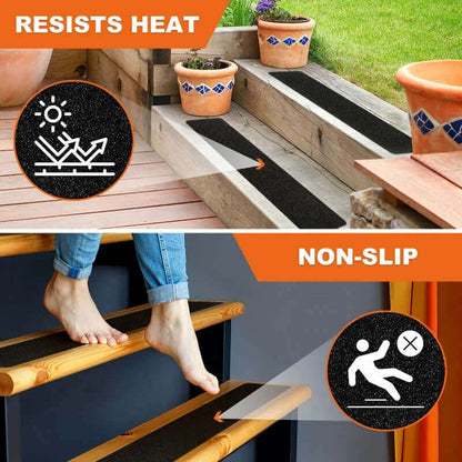  Close-up of anti-slip tape with textured surface adhering to a wooden step, preventing slips and falls.