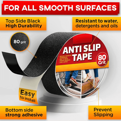 Roll of black anti-slip tape being applied to a slippery tile floor to prevent falls.