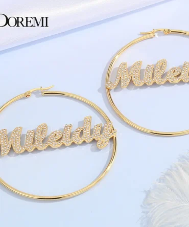 DOREMI Stainless  Name Hoops Earrings Custom Big Hoop Crystal Earrings Letter  Personalized  Earring Women Valentine's Day Gift