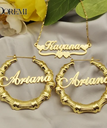 DOREMI One Name Earrings and Necklace set Tile Chain Round Bamboo Earrings Custom Bamboo Letter Personalised Name Earrings Gift