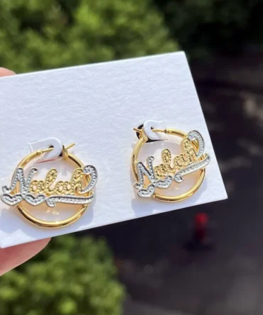 DUOYING Custom Name Hoop Earring Personalized 25mm Nameplate Double Color Earring With Heart Jewelry For Kids