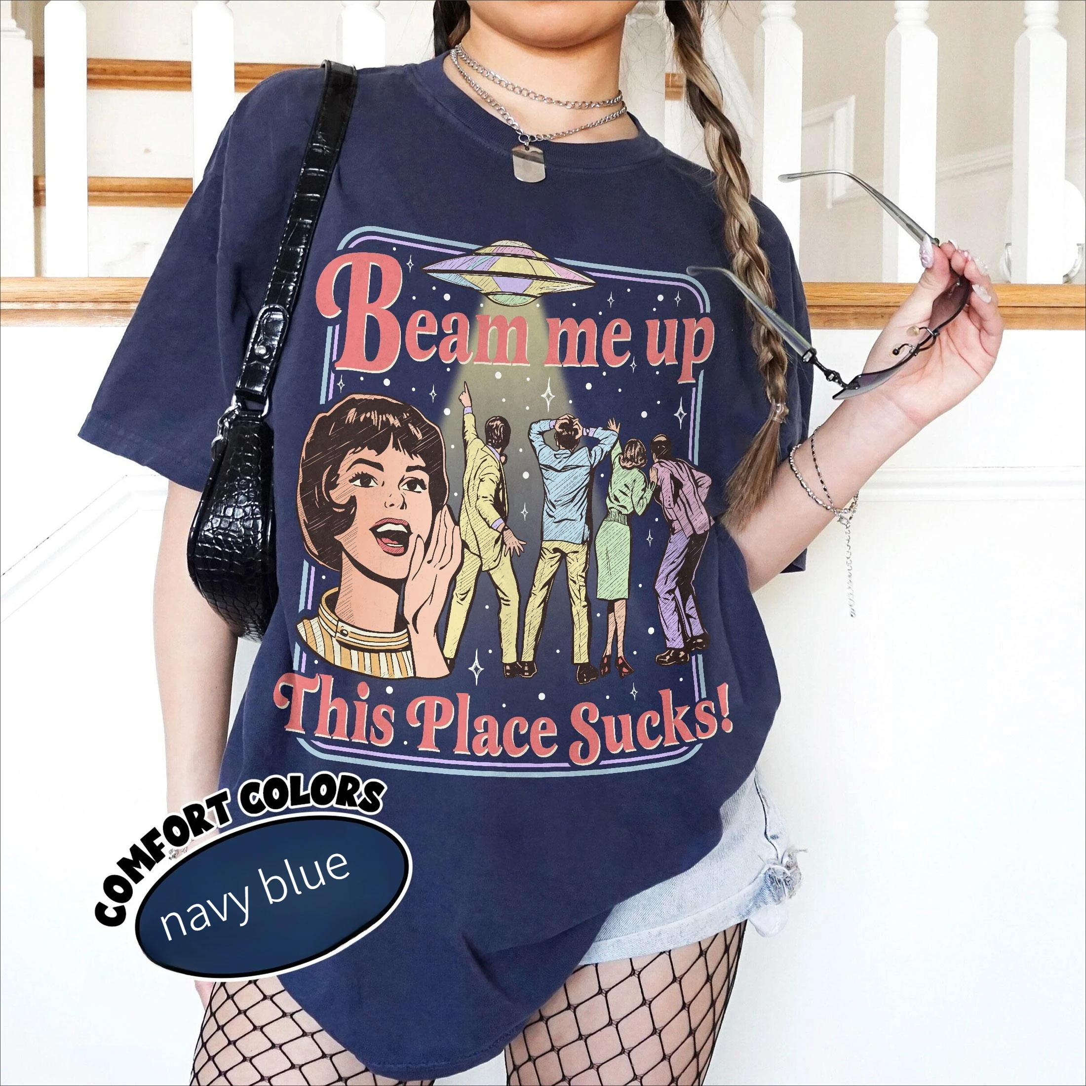 Fun Slogan 'Beam Me Up This Place Sucks' Retro Ufo Crowd Print Funny Sci-Fi Style' Loose Short Sleeved Women'S T-Shirt S12A226E0A1544D0Cabeb7Ca0C3954F85K Fun Slogan 'Beam Me Up This Place Sucks' Retro Ufo Crowd Print Funny Sci-Fi Style' Loose Short Sleeved Women'S T-Shirt - Image 4