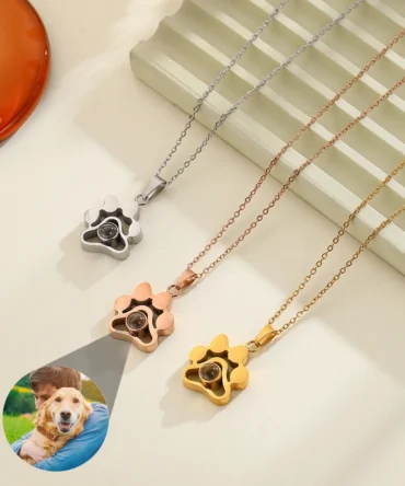Custom Pet Photo Projection Necklace Personalized Dog Paw Pendant Custom Picture Stainless Steel Necklace Memorial Gift Jewelry