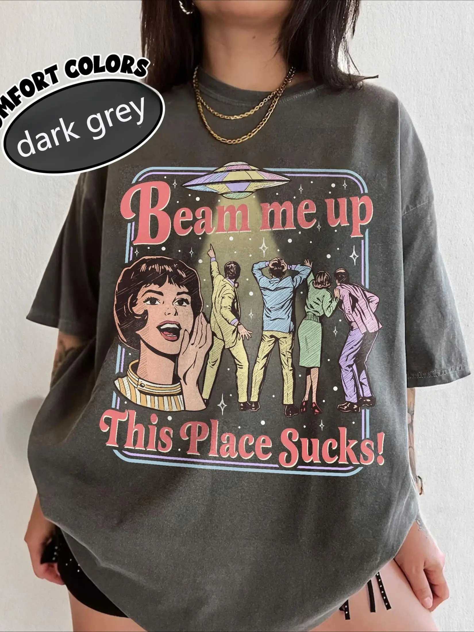 Fun Slogan 'Beam Me Up This Place Sucks' Retro Ufo Crowd Print Funny Sci-Fi Style' Loose Short Sleeved Women'S T-Shirt S668De512Bdd34221A96F979039Ad2076G Fun Slogan 'Beam Me Up This Place Sucks' Retro Ufo Crowd Print Funny Sci-Fi Style' Loose Short Sleeved Women'S T-Shirt - Image 7