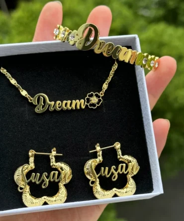 DUOYING Custom Name Floral Set Birthstone Nameplate Necklace Zircon Cuff Bangles Flower Customized Letter Hoop Earrings For Kids