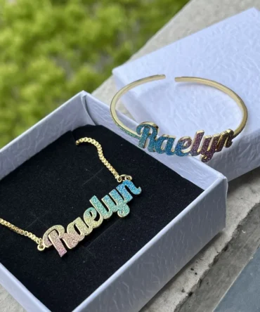 DUOYING Custom Name Necklace Colorful Dainty Glitz Glam Nameplate Bangles Cuff Stainless Steel Gold Jewelry Set For Kids