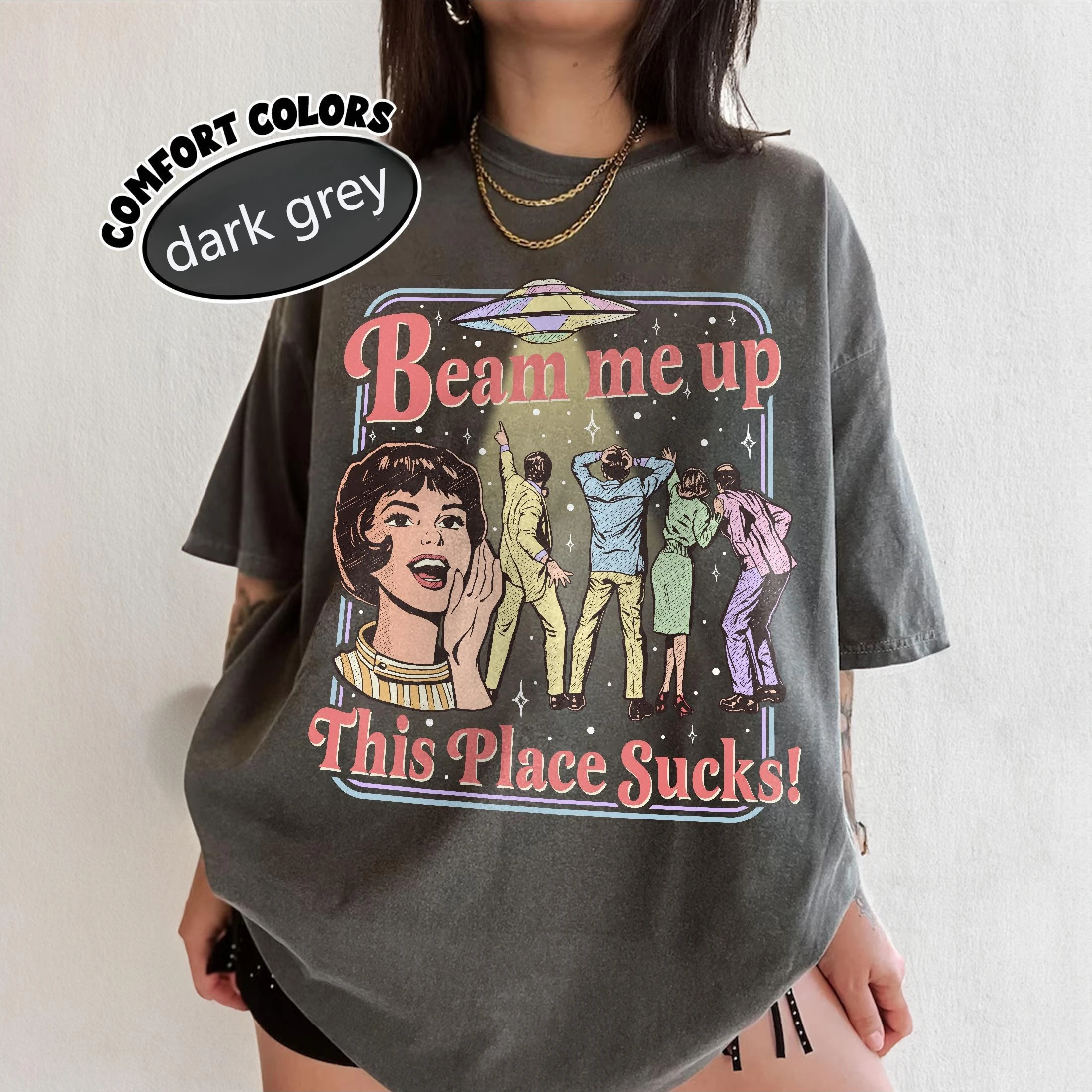 Fun Slogan 'Beam Me Up This Place Sucks' Retro Ufo Crowd Print Funny Sci-Fi Style' Loose Short Sleeved Women'S T-Shirt Sb31Df0B40E9441529125B18Edd701B6Fl Fun Slogan 'Beam Me Up This Place Sucks' Retro Ufo Crowd Print Funny Sci-Fi Style' Loose Short Sleeved Women'S T-Shirt