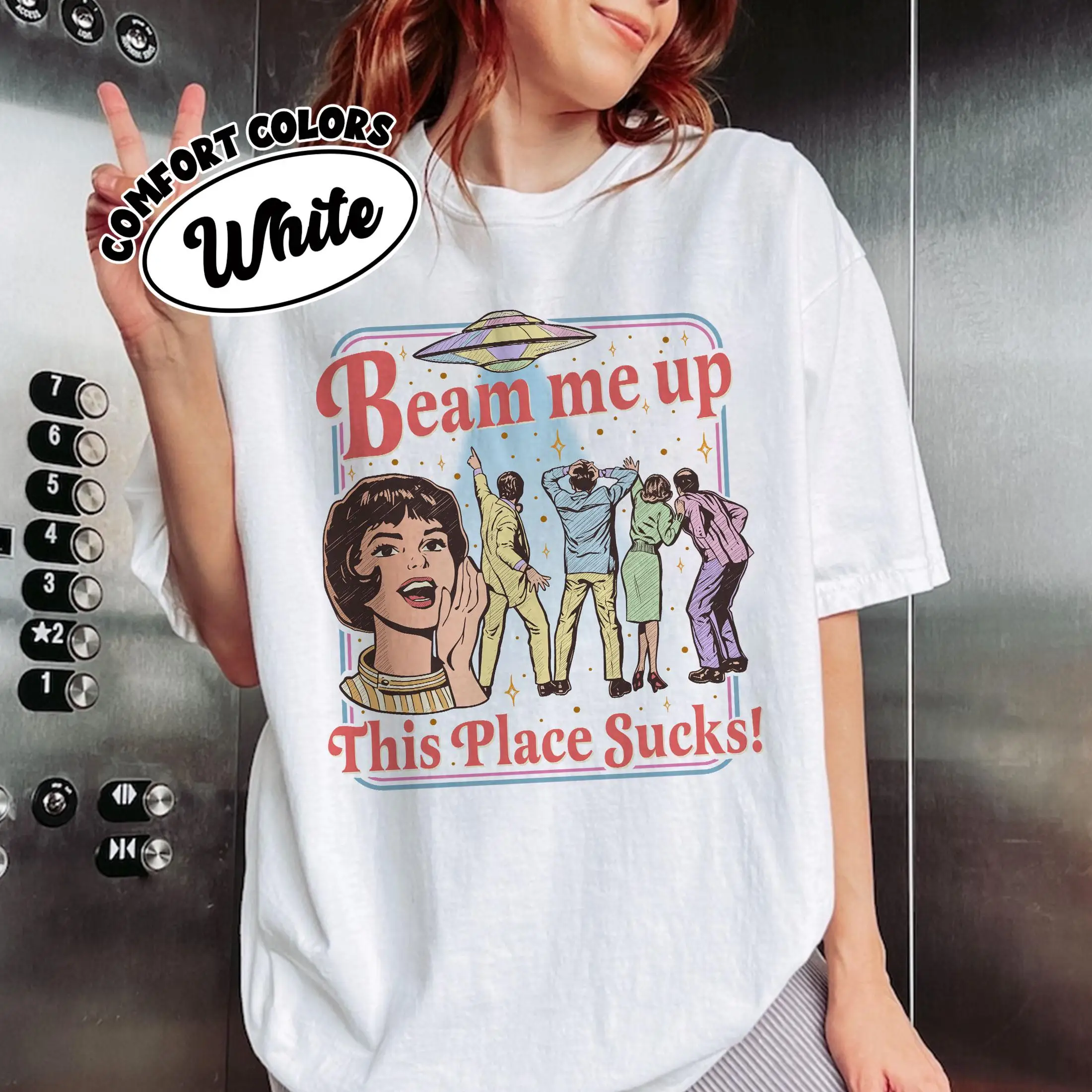 Fun Slogan 'Beam Me Up This Place Sucks' Retro Ufo Crowd Print Funny Sci-Fi Style' Loose Short Sleeved Women'S T-Shirt Sba0202441A254521917114C88B8D99C6C Fun Slogan 'Beam Me Up This Place Sucks' Retro Ufo Crowd Print Funny Sci-Fi Style' Loose Short Sleeved Women'S T-Shirt - Image 2